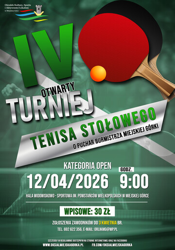 IV OTWARTY TURNIEJ TENISA STOŁOEWGO O PUCHAR BURMISTRZA MIEJSKIEJ GÓRKI